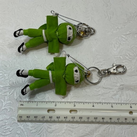 TWO Ninja String Doll Keychain Toys w/Swords Lime Green 2.5" x 3" NEW - Picture 6 of 8